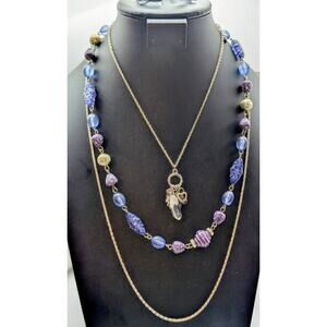 Lot of Three Silver Tone Necklaces --Vtg Long Chain Purple Bead & Charm Pendant